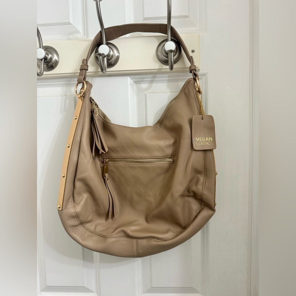 MMS Taupe Vegan Leather Hobo Shoulder Bag | Gold Hardware | Tassel Zip